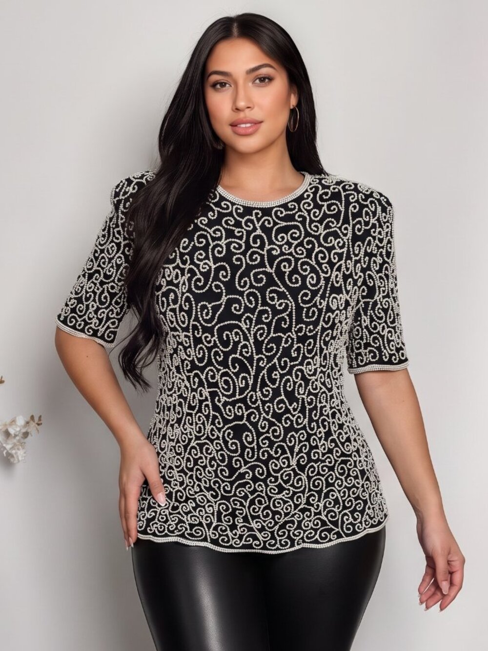 Laurence Kazar Vintage Faux Pearl Silk Top
